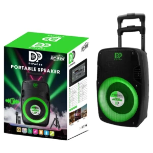Altavoz portátil negro con luces LED verdes, modelo DP-929 de Dipaoer, mostrando caja y unidad con asa telescópica.