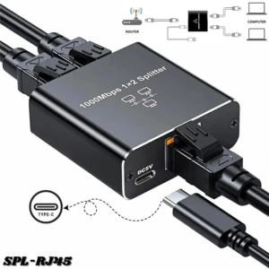 Adaptador duplicador de red RJ45 negro, con puerto USB-C y cableado visible, diseñado para conectar dos dispositivos simultáneamente sin pérdida de velocidad.