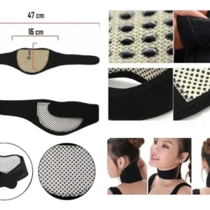Collar autocalentable negro con 5 imanes, medidas 47x16 cm, muestra textura de puntos y uso en cuello.