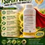 Botella blanca de Sharcyalotrina 5% EC, insecticida agrícola en presentación líquida, con etiqueta amarilla y texto negro, rodeada de vegetación verde brillante y un escudo dorado con estrellas. Incluye ilustraciones de cultivos protegidos y beneficios visibles en la etiqueta.
