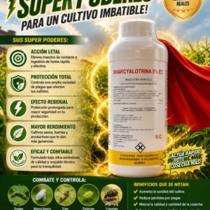 Botella blanca de Sharcyalotrina 5% EC, insecticida agrícola en presentación líquida, con etiqueta amarilla y texto negro, rodeada de vegetación verde brillante y un escudo dorado con estrellas. Incluye ilustraciones de cultivos protegidos y beneficios visibles en la etiqueta.