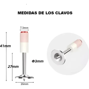 Remache metálico de 41 mm con cabeza de 16 mm y vástago de 3 mm, ideal para chapas; incluye punta roscada y acabado plateado.
