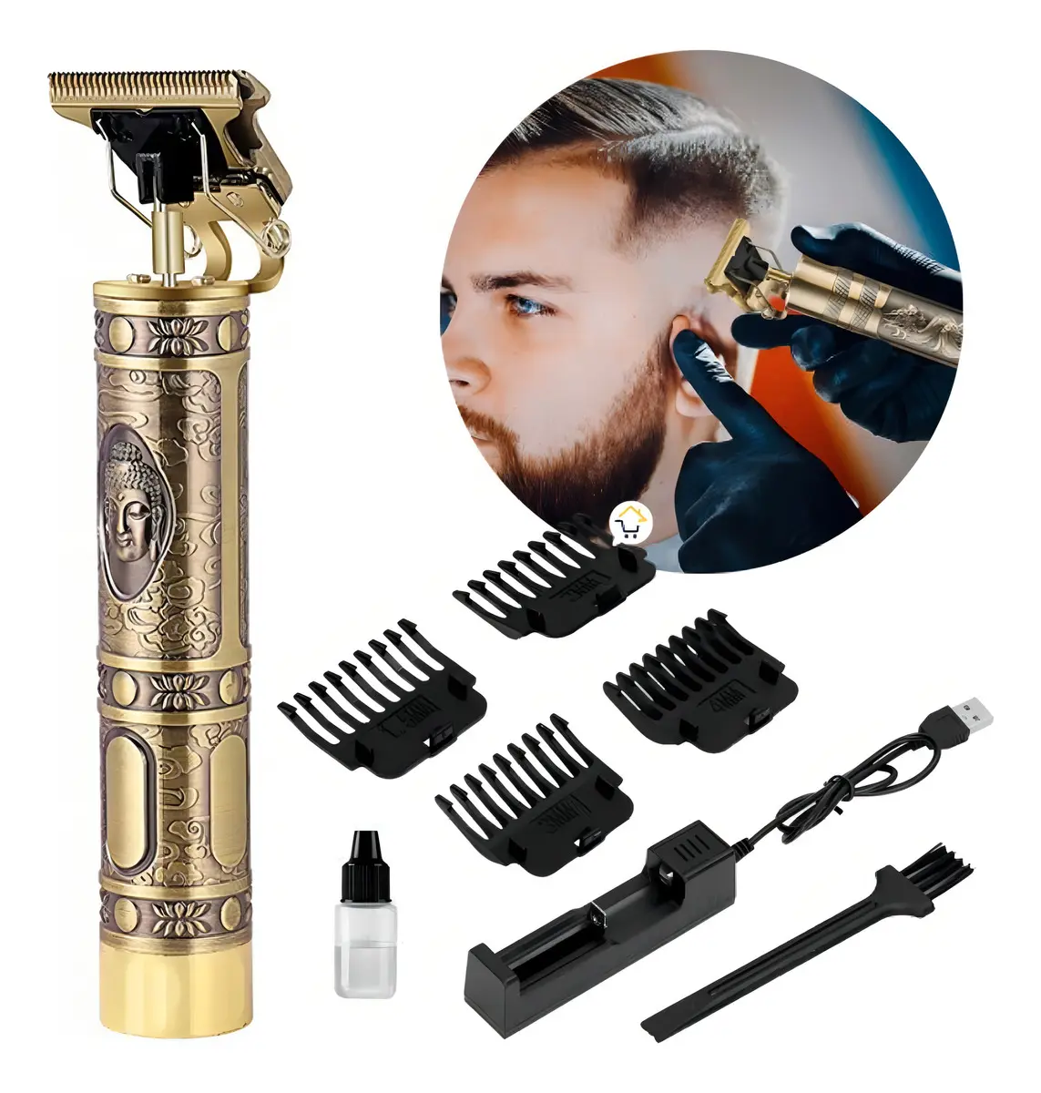 Máquina de afeitado WS-T99 dorada con diseño ornamental, incluye peines, cargador y cepillo. Se muestra en uso para recorte de cabello.