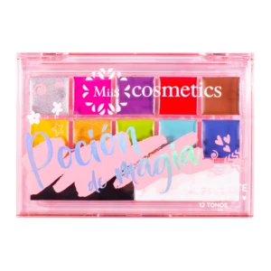 Paleta de sombras artísticas Miis con 12 tonos vibrantes, incluyendo brillos y colores neón, presentada en estuche transparente rosa.