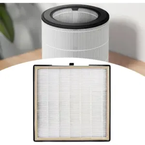 Filtro rectangular blanco con marco negro para extractor de polvo, mostrando su interior con malla filtrante y estructura de soporte.