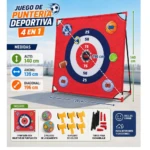 Portería roja de puntería deportiva 4 en 1 con medidas visibles: 140 cm de alto, 139 cm de ancho y 196 cm de diagonal. Incluye objetivo central con anillos numerados, pelotas multicolores, hachas amarillas de velcro y tubos negros para ensamblaje. Diseño modular para interiores y exteriores.