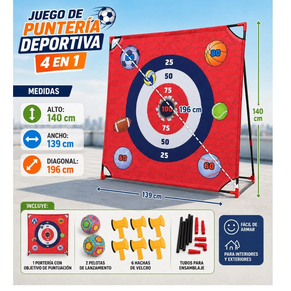Portería roja de puntería deportiva 4 en 1 con medidas visibles: 140 cm de alto, 139 cm de ancho y 196 cm de diagonal. Incluye objetivo central con anillos numerados, pelotas multicolores, hachas amarillas de velcro y tubos negros para ensamblaje. Diseño modular para interiores y exteriores.