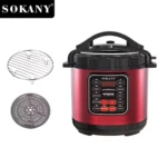 Olla eléctrica Sokany roja con panel digital, incluye rejilla y tapón perforado.