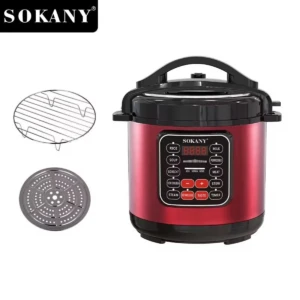Olla eléctrica Sokany roja con panel digital, incluye rejilla y tapón perforado.