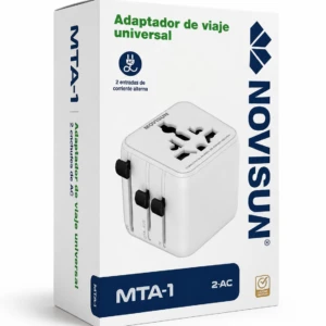 Adaptador universal Movisun MTA-1, color blanco, con dos salidas de corriente alterna y múltiples configuraciones para enchufes internacionales.