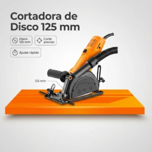 Sierra circular de disco 125 mm en color naranja y negro, sobre tabla naranja, con guía de corte ajustable y sistema de aspiración integrado.