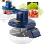 Pelador eléctrico inalámbrico azul con base transparente, incluye accesorios para tomates y uvas, ideal para pelar frutas y verduras rápidamente.