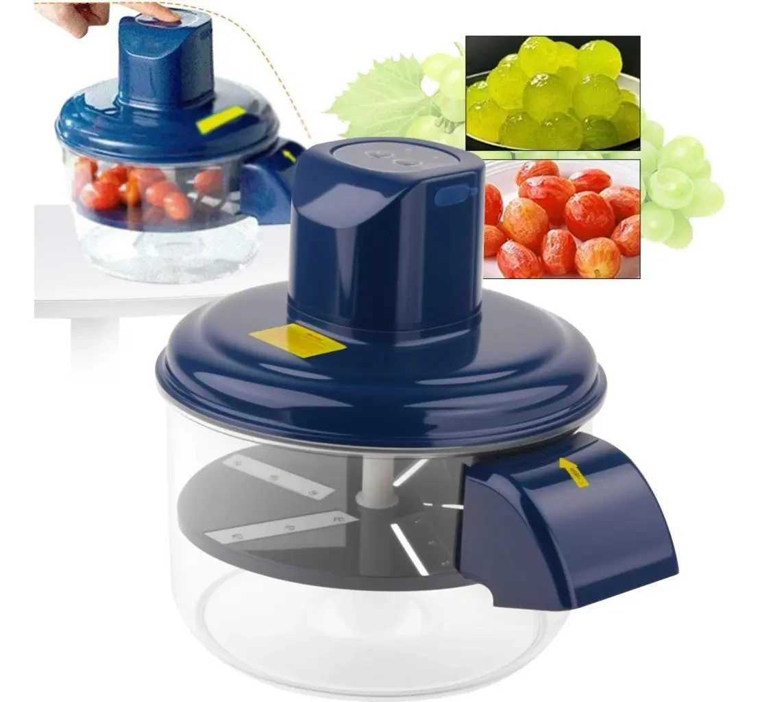 Pelador eléctrico inalámbrico azul con base transparente, incluye accesorios para tomates y uvas, ideal para pelar frutas y verduras rápidamente.