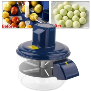 Pelador eléctrico inalámbrico azul con tapa transparente y cuchillas internas; incluye antes y después mostrando frutas peladas uniformemente.