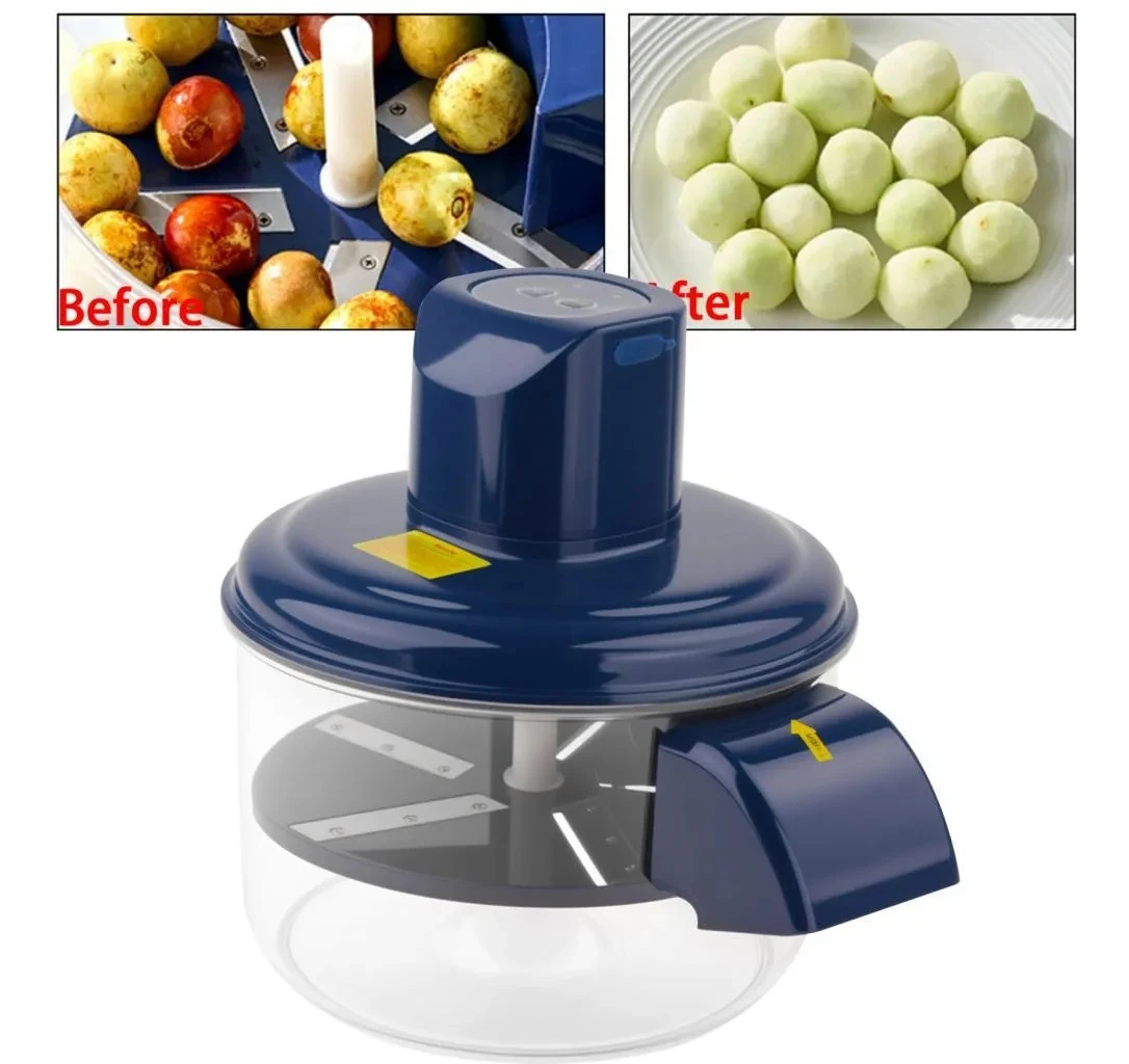 Pelador eléctrico inalámbrico azul con tapa transparente y cuchillas internas; incluye antes y después mostrando frutas peladas uniformemente.
