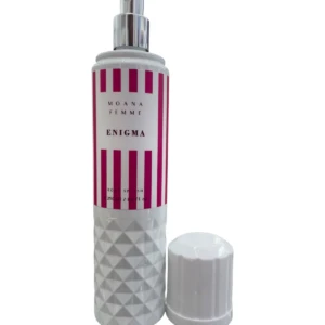 Loción corporal Moana Femme Enigma en presentación con tapa blanca y cuerpo blanco con detalles en rosa y textura geométrica.