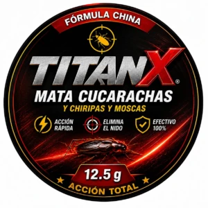 Etiqueta redonda de TitanX, fórmula china, mata cucarachas, chinches y moscas. Acción rápida, elimina el nido, efectivo 100%. Contenido visible: 12.5 g. Diseño con fondo negro y rojo, de cucaracha y símbolos de impacto.