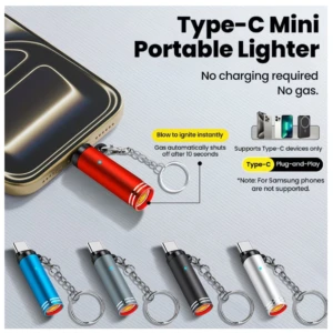Encendedor eléctrico tipo C en rojo, conectado a smartphone dorado, con llavero plateado. Incluye variantes en azul, gris, negro y blanco. Sin batería ni gas.