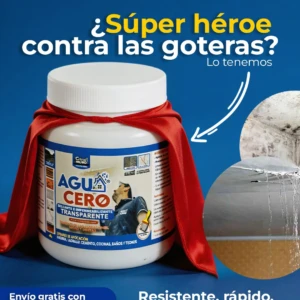 Bote blanco de impermeabilizante Aguacero Gris 7A con etiqueta azul y roja, envuelto en capa roja tipo capa de héroe, sobre fondo azul. Incluye de gotas de agua y superficie tratada.