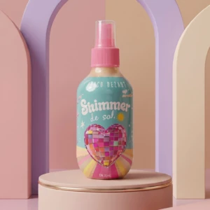 Botella de spray con líquido iridiscente y etiqueta de diseño geométrico multicolor, sobre pedestal circular en entorno minimalista con arcos pastel.