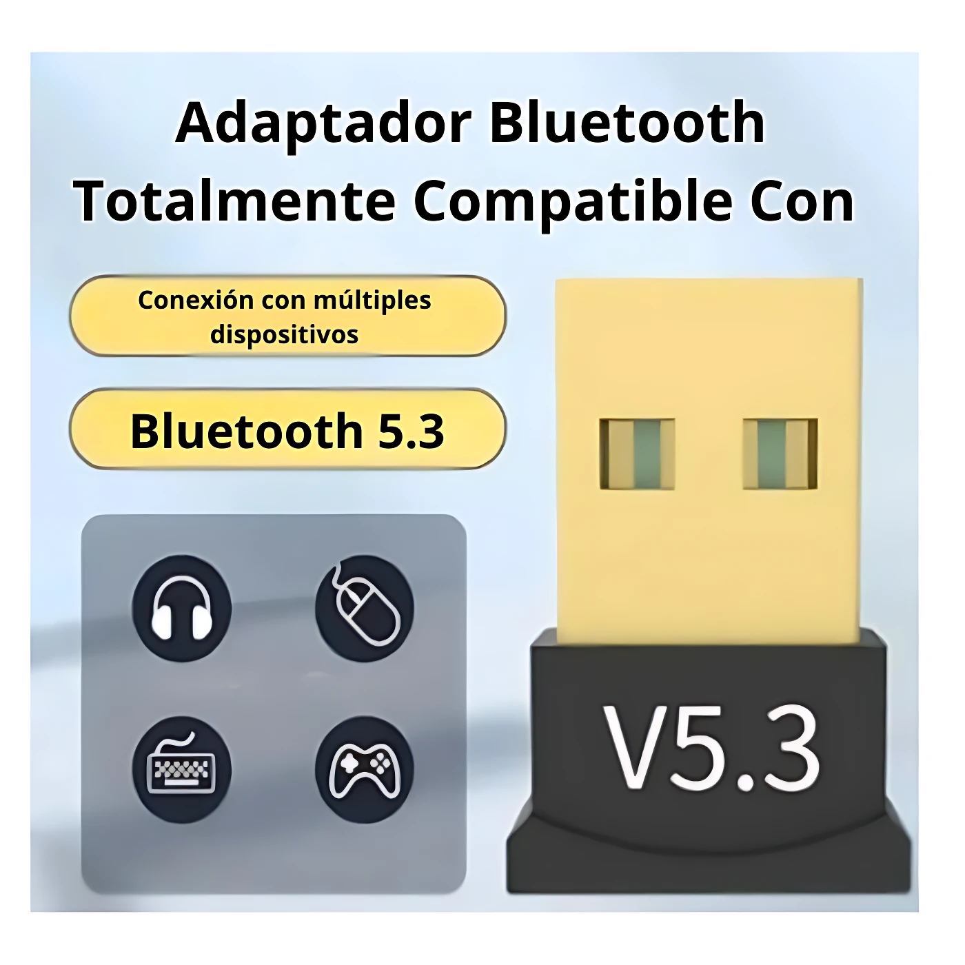 Adaptador Bluetooth 5.3 USB en color amarillo sobre base negra, con iconos de auriculares, mouse, teclado y consola indicando compatibilidad con múltiples dispositivos.