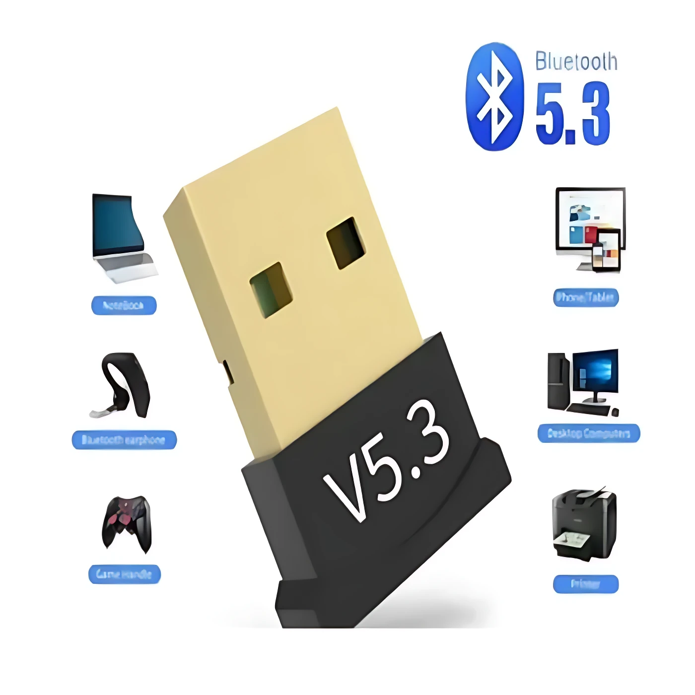 Adaptador Bluetooth 5.3 USB en ángulo, con cuerpo negro y punta dorada, mostrando conectividad para laptop, consola, auriculares, impresora y PC.