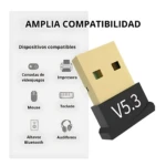 Adaptador Bluetooth 5.3 USB en color beige y negro, con etiqueta visible que indica la versión. Incluye lista de dispositivos compatibles como mouse, teclado, impresora, audífonos y altavoz Bluetooth.