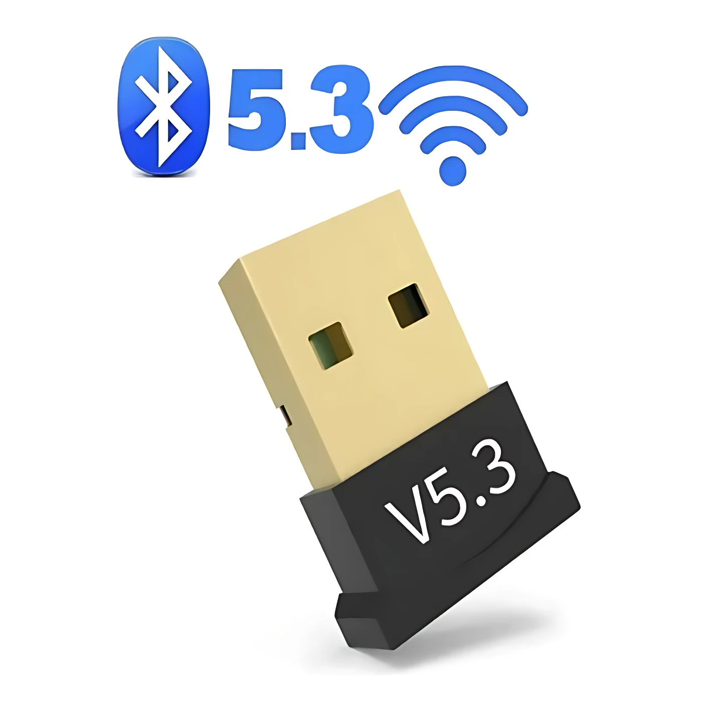 Adaptador Bluetooth 5.3 USB en color beige y negro, con logo de Bluetooth y símbolo de Wi-Fi en la parte superior.