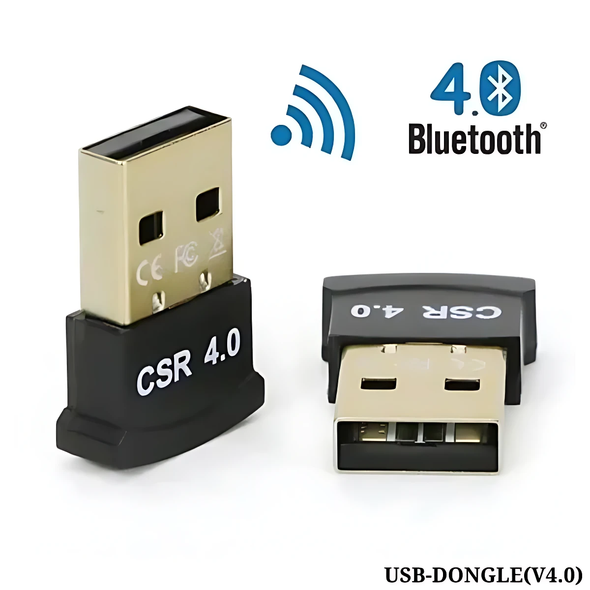 Dos adaptadores Bluetooth USB 4.0 de color negro y dorado, uno en posición vertical y otro horizontal, mostrando el conector y la etiqueta CSR 4.0.