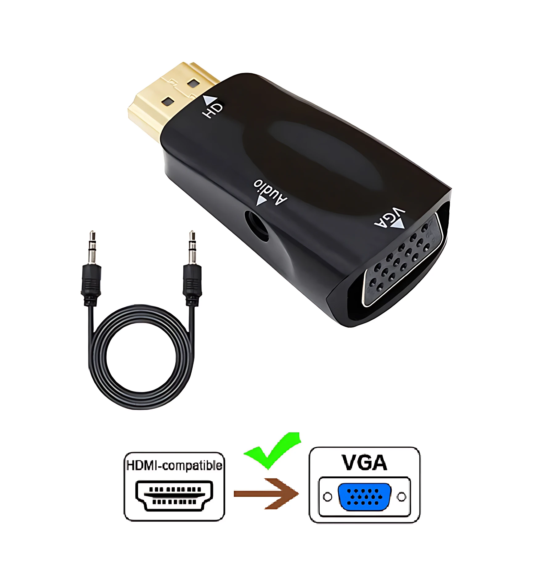 Adaptador HDMI a VGA negro con cable de audio incluido, para conectar laptop a monitores antiguos.