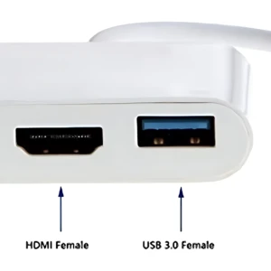 Adaptador blanco con cable, mostrando puertos USB-C, HDMI y USB 3.0 en su parte frontal.