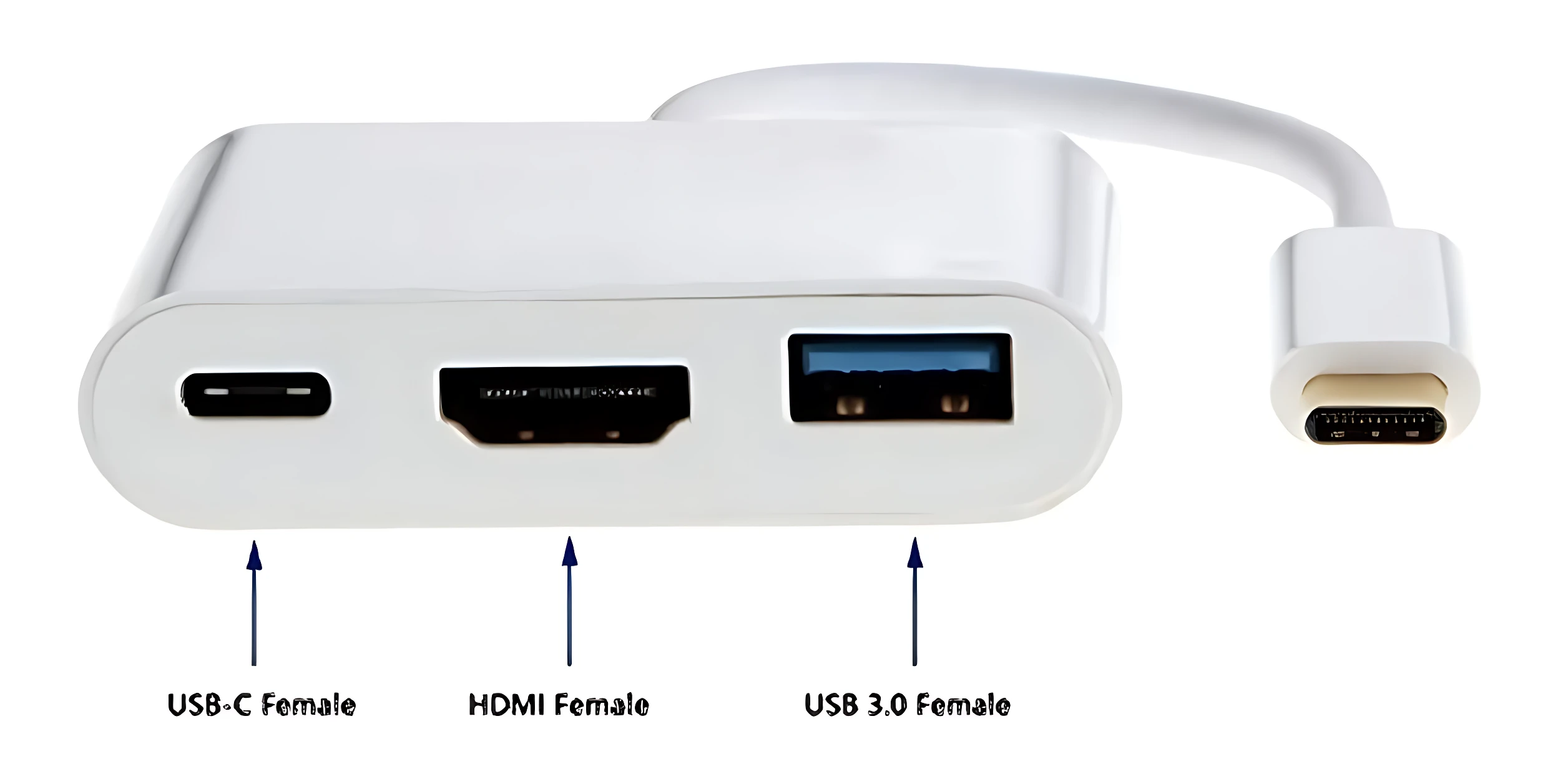 Adaptador blanco con cable, mostrando puertos USB-C, HDMI y USB 3.0 en su parte frontal.