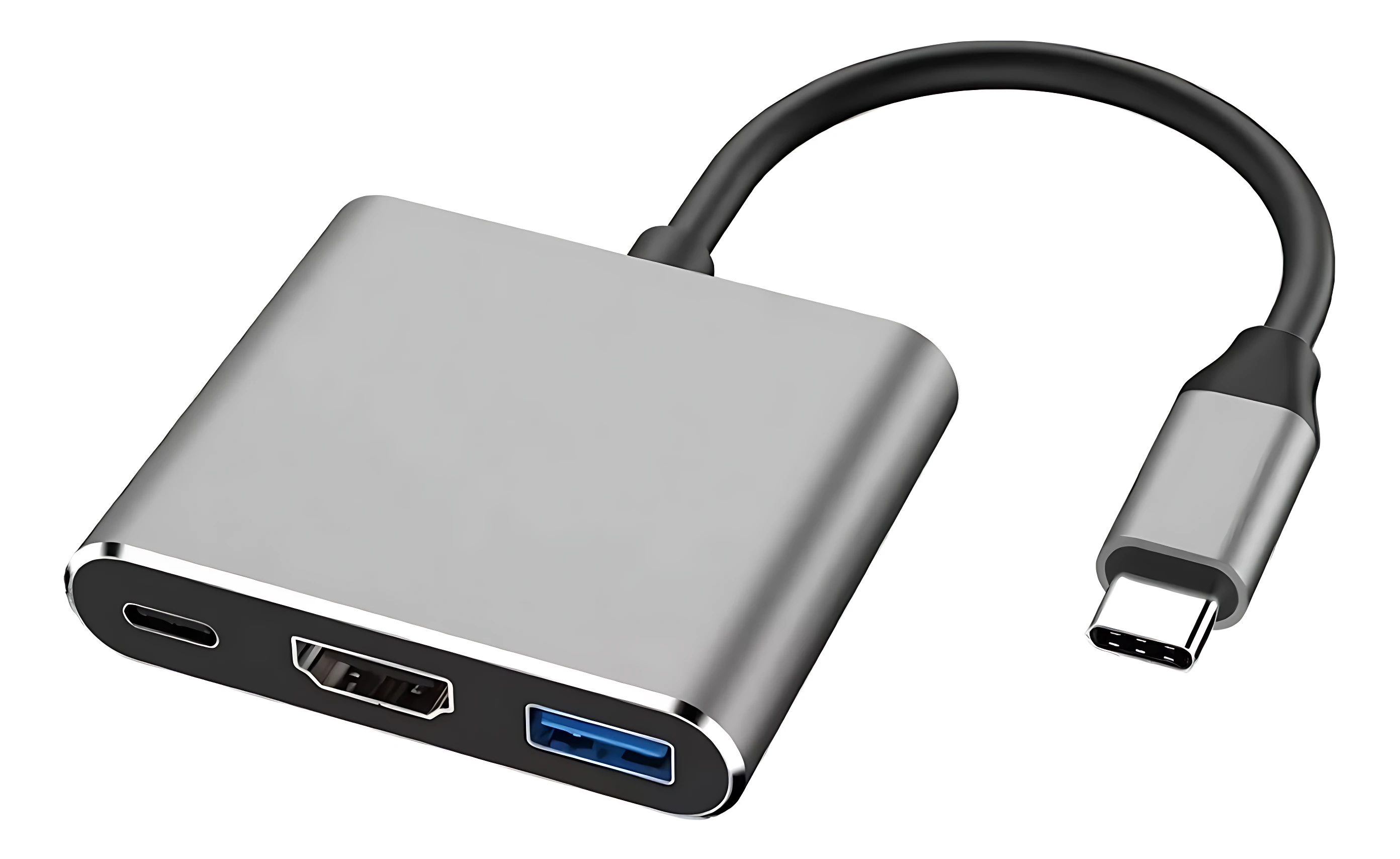 Adaptador USB-C de aluminio con cable flexible, incluye puertos HDMI, USB 3.0 y carga simultánea para laptop.