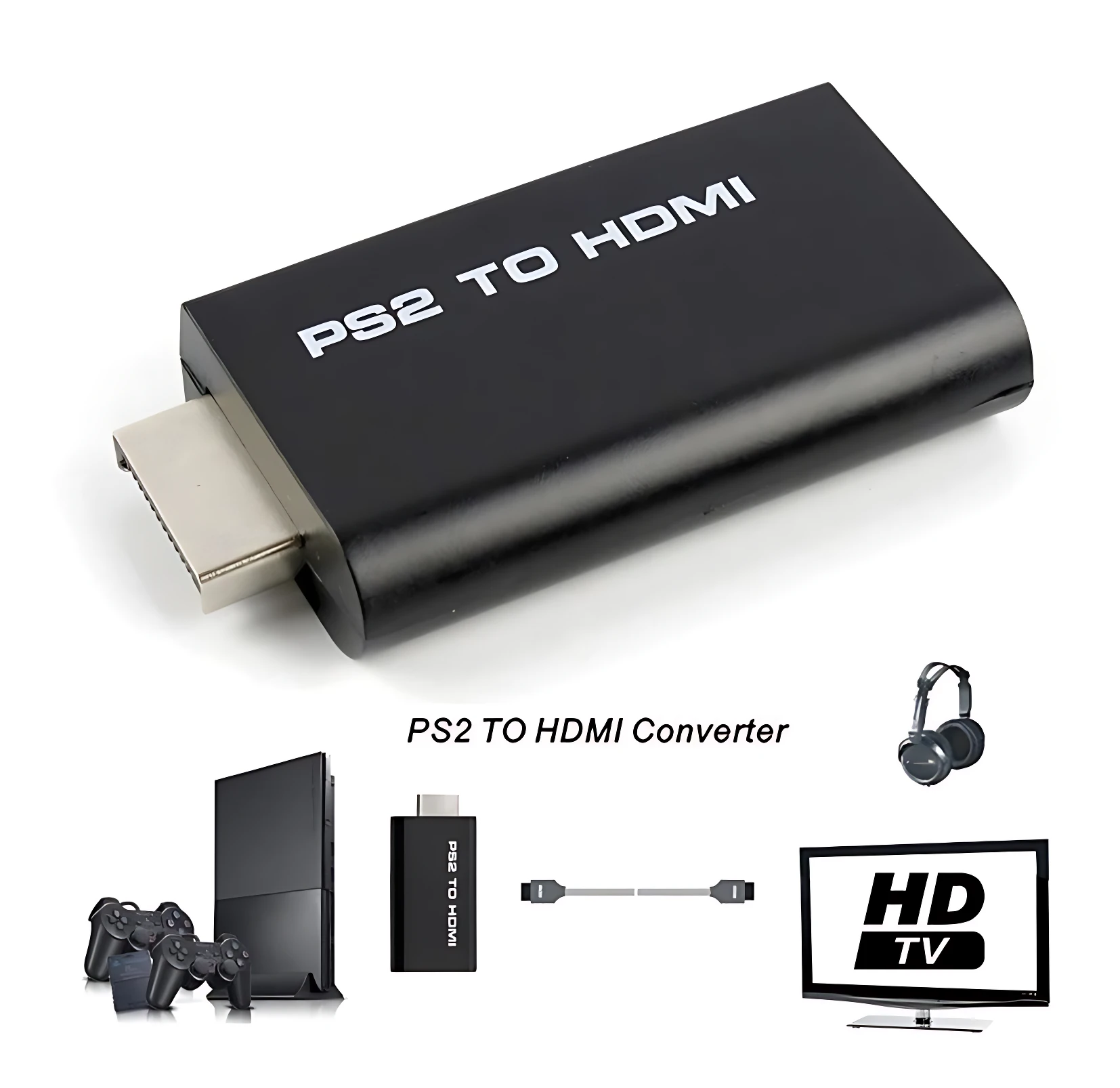 Adaptador HDMI negro para PlayStation 2, con texto blanco “PS2 TO HDMI” en la superficie superior y conector visible en el extremo izquierdo.