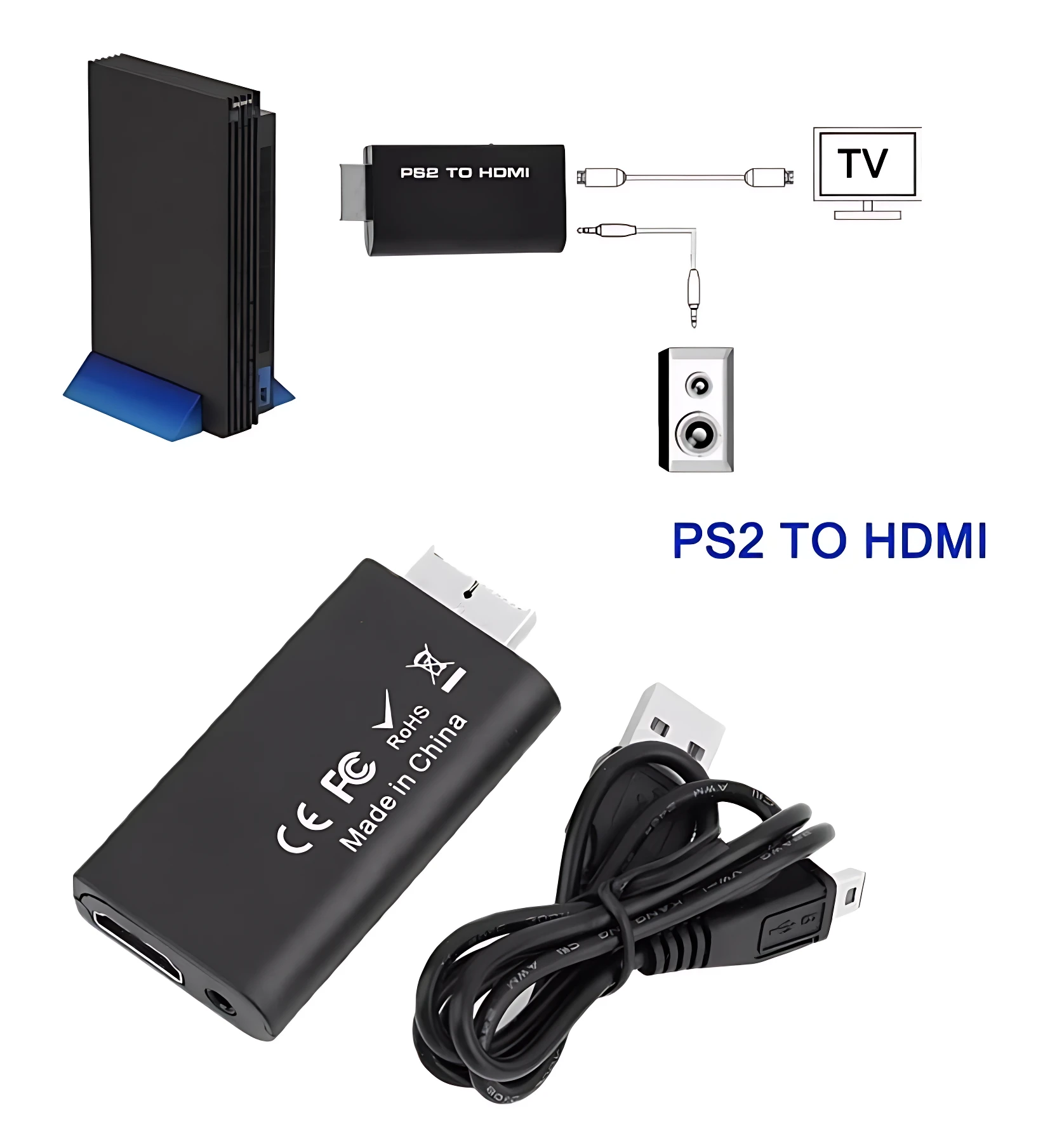 Adaptador HDMI negro para PlayStation 2, con cable USB incluido y soporte azul; muestra diagrama de conexión a TV y altavoces.