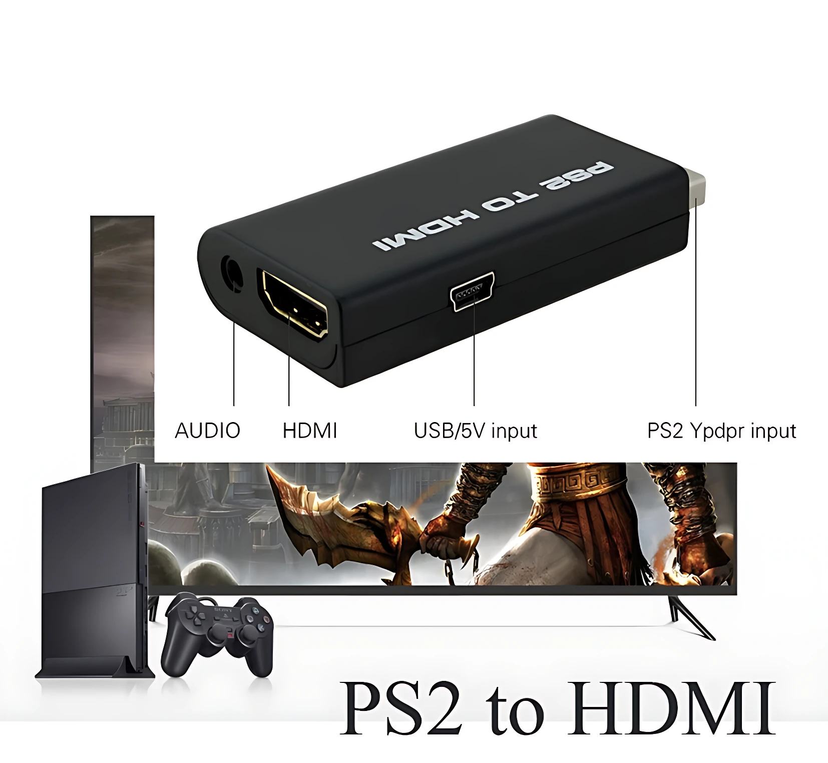 Adaptador HDMI negro para PlayStation 2, con puertos de audio, HDMI, USB/5V y entrada Yp/Pr; incluye consola, mando y pantalla mostrando juego.