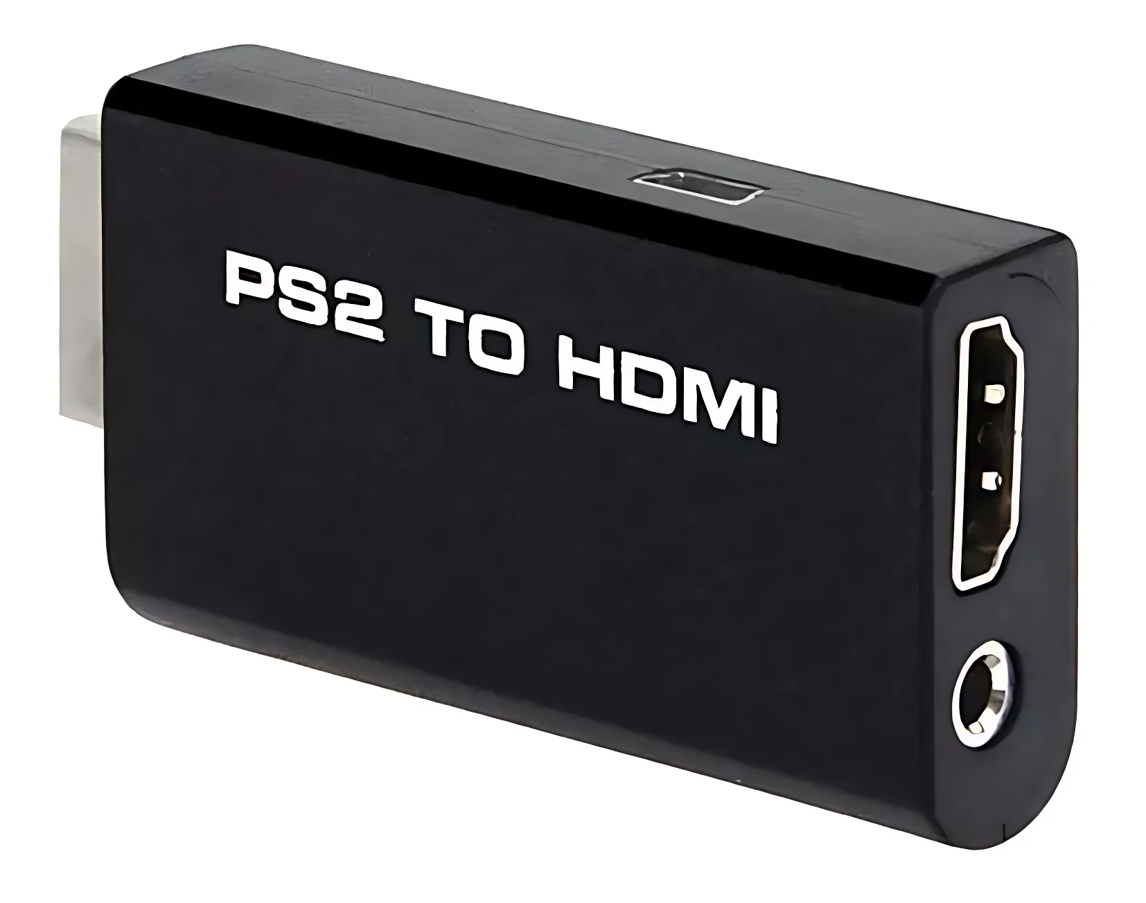 Adaptador HDMI negro para PlayStation 2, con texto blanco “PS2 TO HDMI”, puerto HDMI visible en lateral y conector de audio circular.
