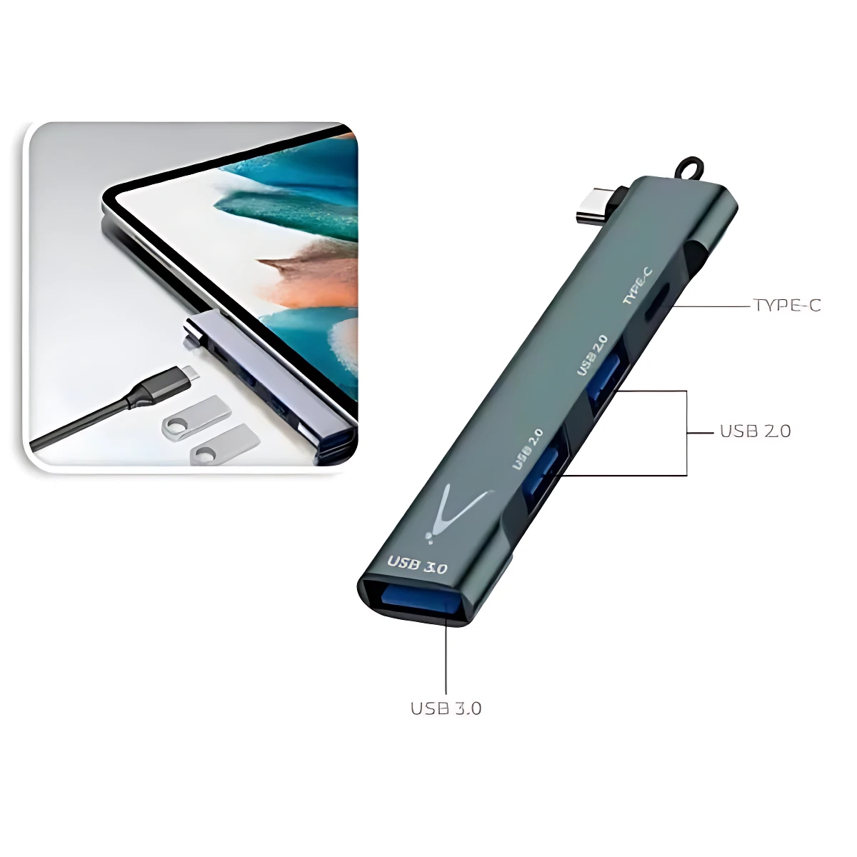 Adaptador multilector tipo C en color gris oscuro, con puertos USB 3.0 y 2.0 visibles, cable incluido y accesorios de seguridad.