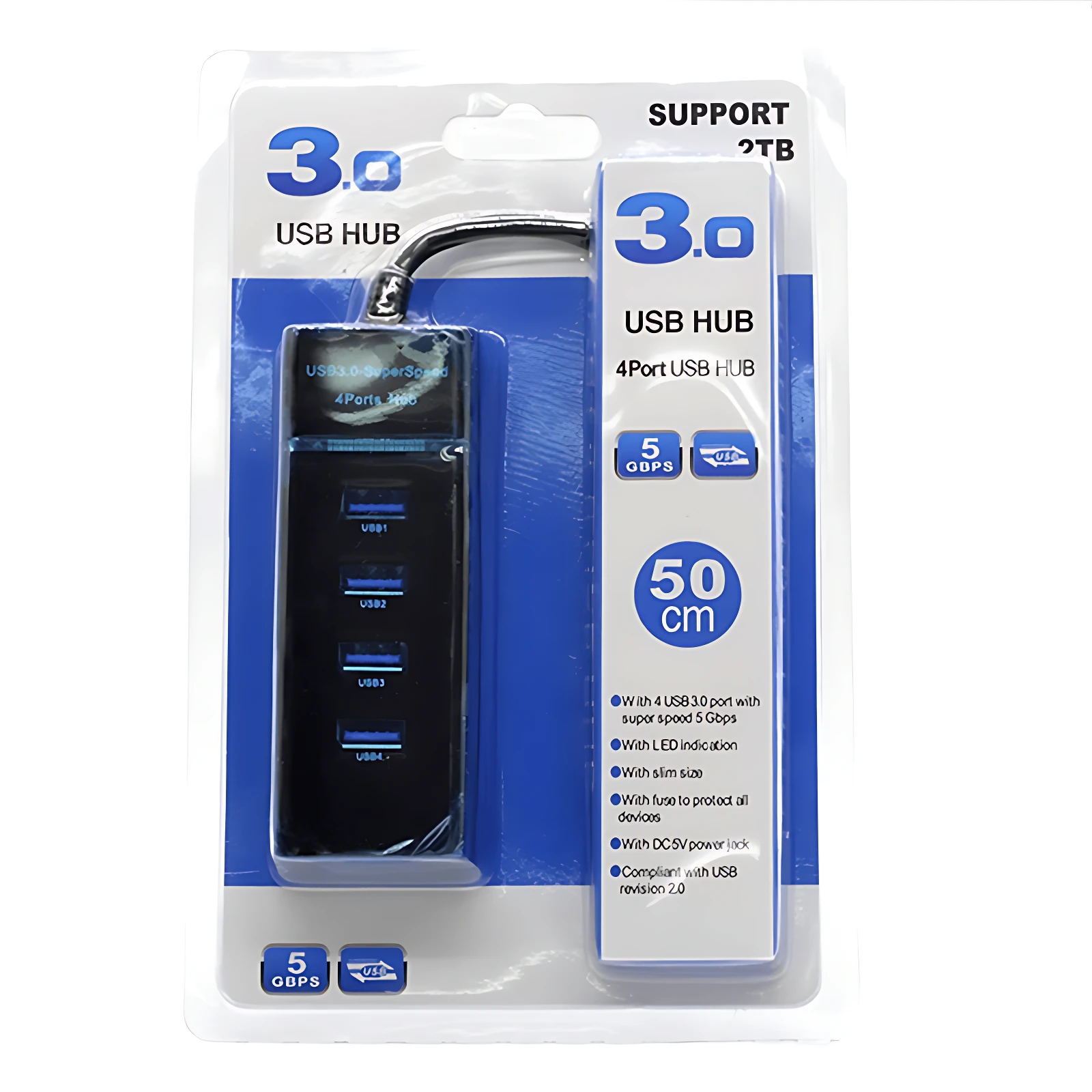 Hub USB 3.0 de 4 puertos en su empaque original, color negro con detalles azules, mostrando el dispositivo y sus especificaciones técnicas.