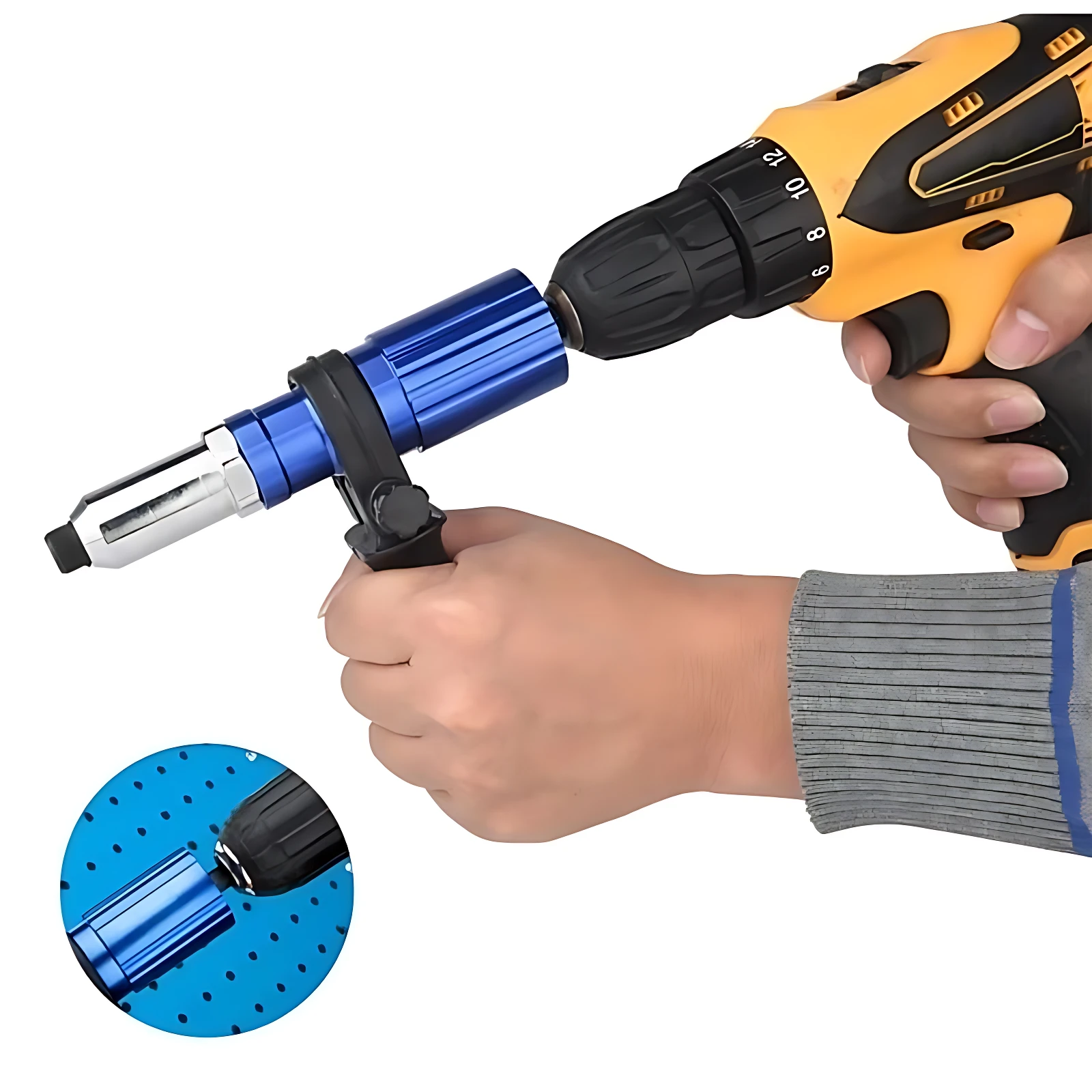 Adaptador Remachadora para Taladro con Mango Auxiliar - Fije remaches de 2,4 a 4,8 mm en segundos