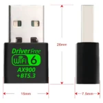 Adaptador USB WiFi 6 AX900 con Bluetooth 5.3, color negro, dimensiones 26 mm de largo por 15 mm de ancho, mostrando vista frontal y lateral con medidas indicadas.