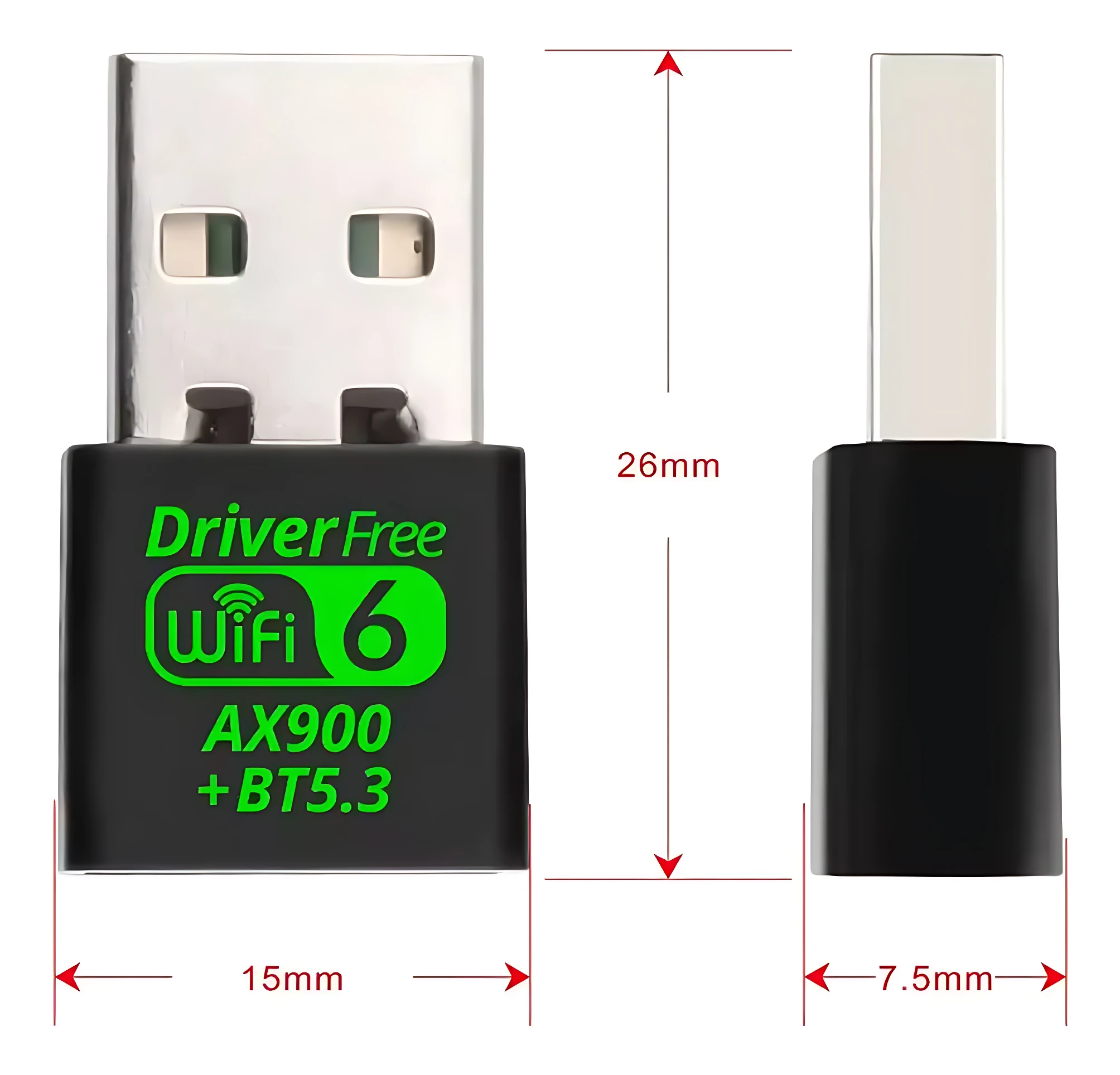 Adaptador USB WiFi 6 AX900 con Bluetooth 5.3, color negro, dimensiones 26 mm de largo por 15 mm de ancho, mostrando vista frontal y lateral con medidas indicadas.