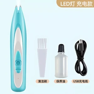 Afeitadora inalámbrica LED para mascotas en color azul claro, con accesorio de limpieza, aceite de mantenimiento y cable USB incluido.
