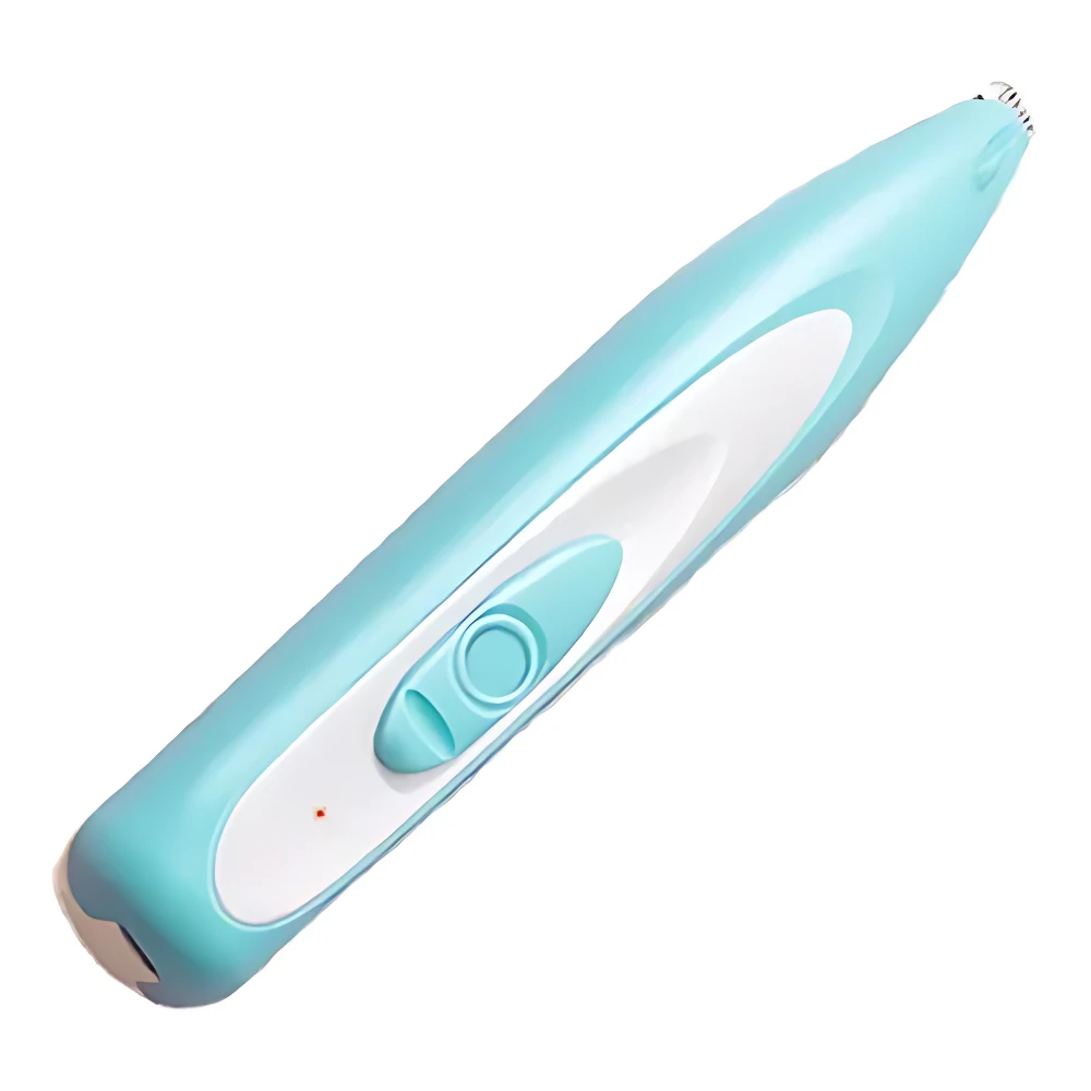 Afeitadora inalámbrica LED para mascotas en color azul claro con detalles blancos, diseño ergonómico y botón de encendido visible.