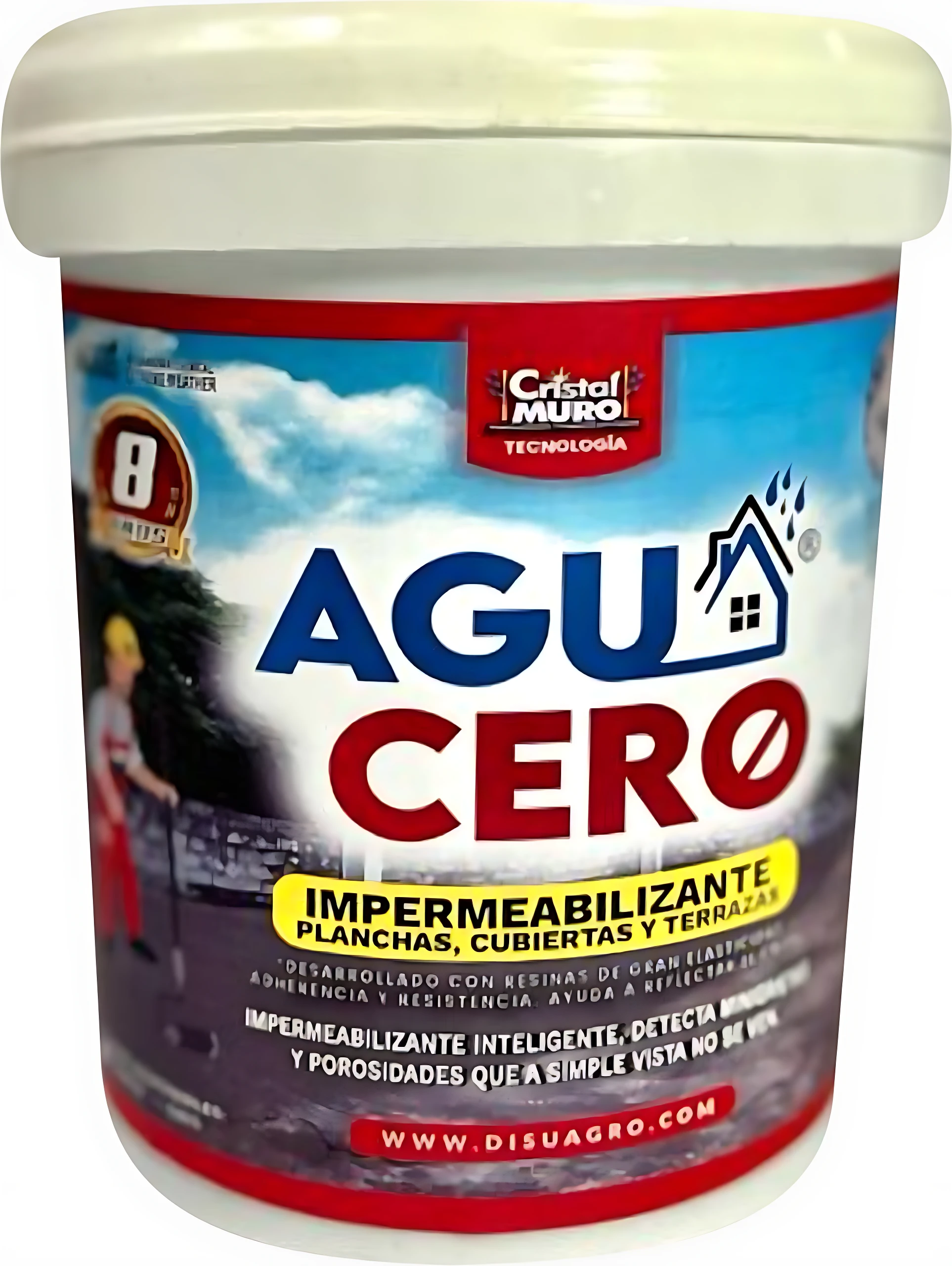Contenedor blanco con tapa, etiqueta que muestra el nombre del producto, detalles de uso y características técnicas.