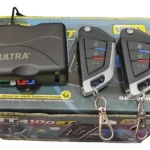 Alarma Bluetooth UT4100BT en caja con dos controles remotos de diseño ergonómico, botones de bloqueo y desbloqueo, y llaveros metálicos.