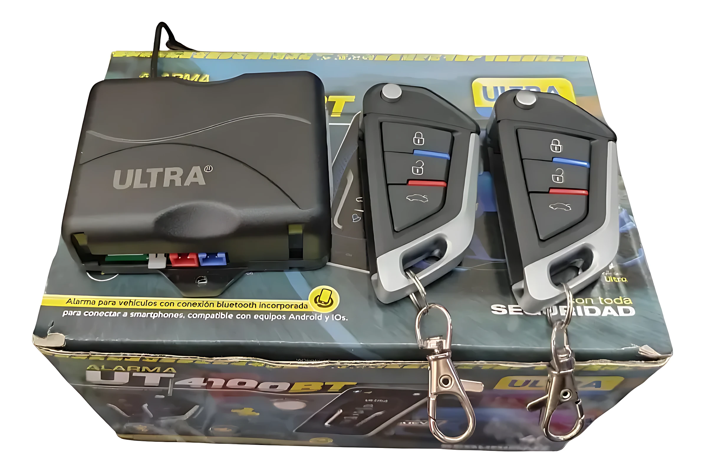 Alarma Bluetooth UT4100BT en caja con dos controles remotos de diseño ergonómico, botones de bloqueo y desbloqueo, y llaveros metálicos.