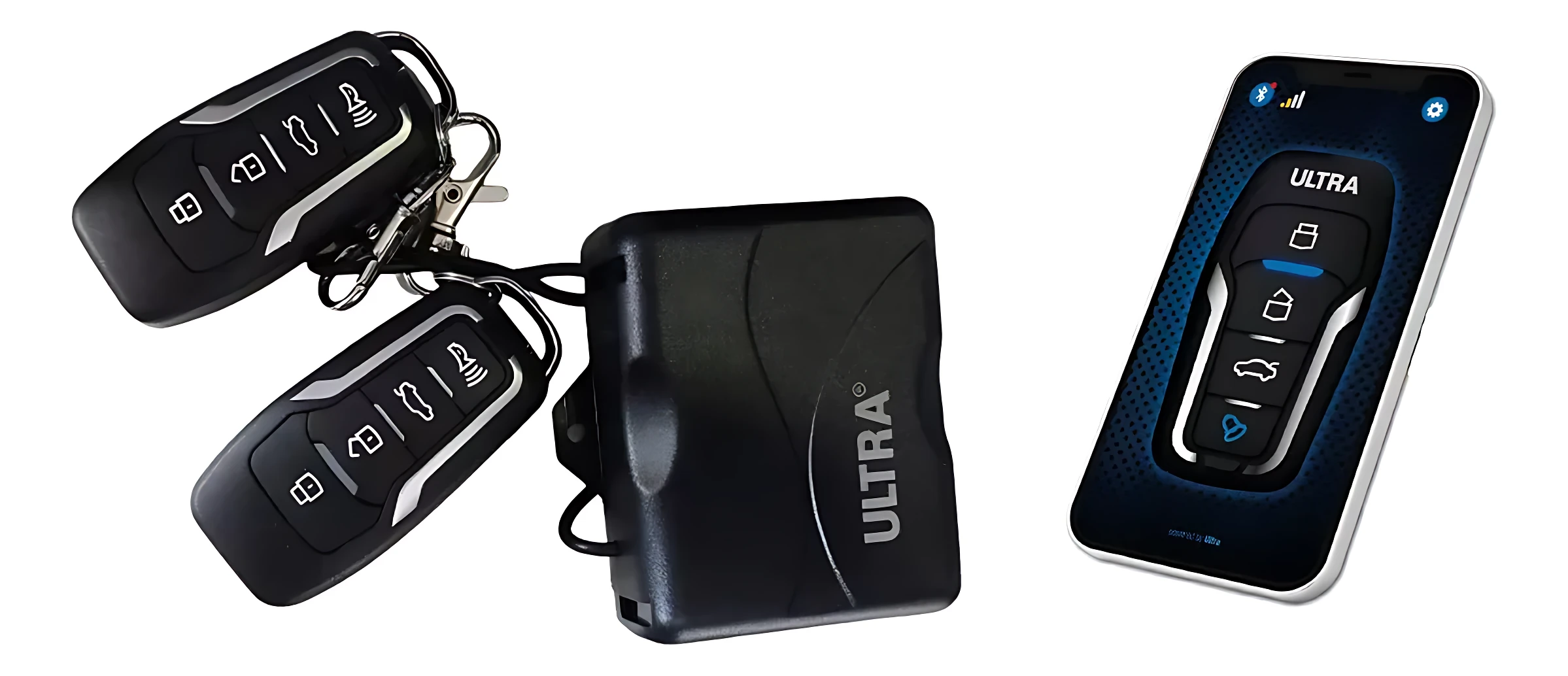 Alarma Bluetooth UT4100 con control desde celular, incluye dos llaves remotas negras y receptor central; pantalla táctil azul en módulo principal.