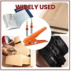Alicate naranja con dos brotes metálicos, usado para ocultar tornillos en muebles de madera y superficies lisas, ideal para acabados profesionales.