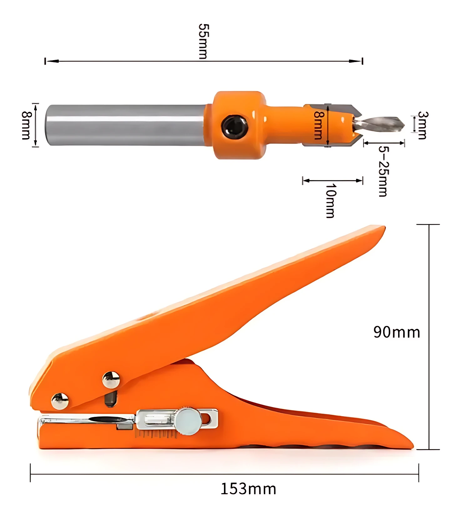 Alicate de perforación naranja con mango ergonómico y punta intercambiable, dimensiones 153x90mm, ideal para ocultar tornillos en muebles.